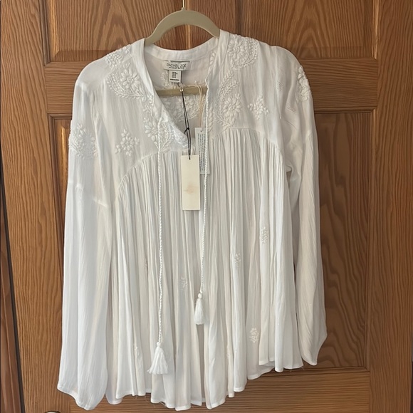 NWT Rachel Zoe White Pleated Long Sleeve Blouse Embroidered Boho - Picture 1 of 7